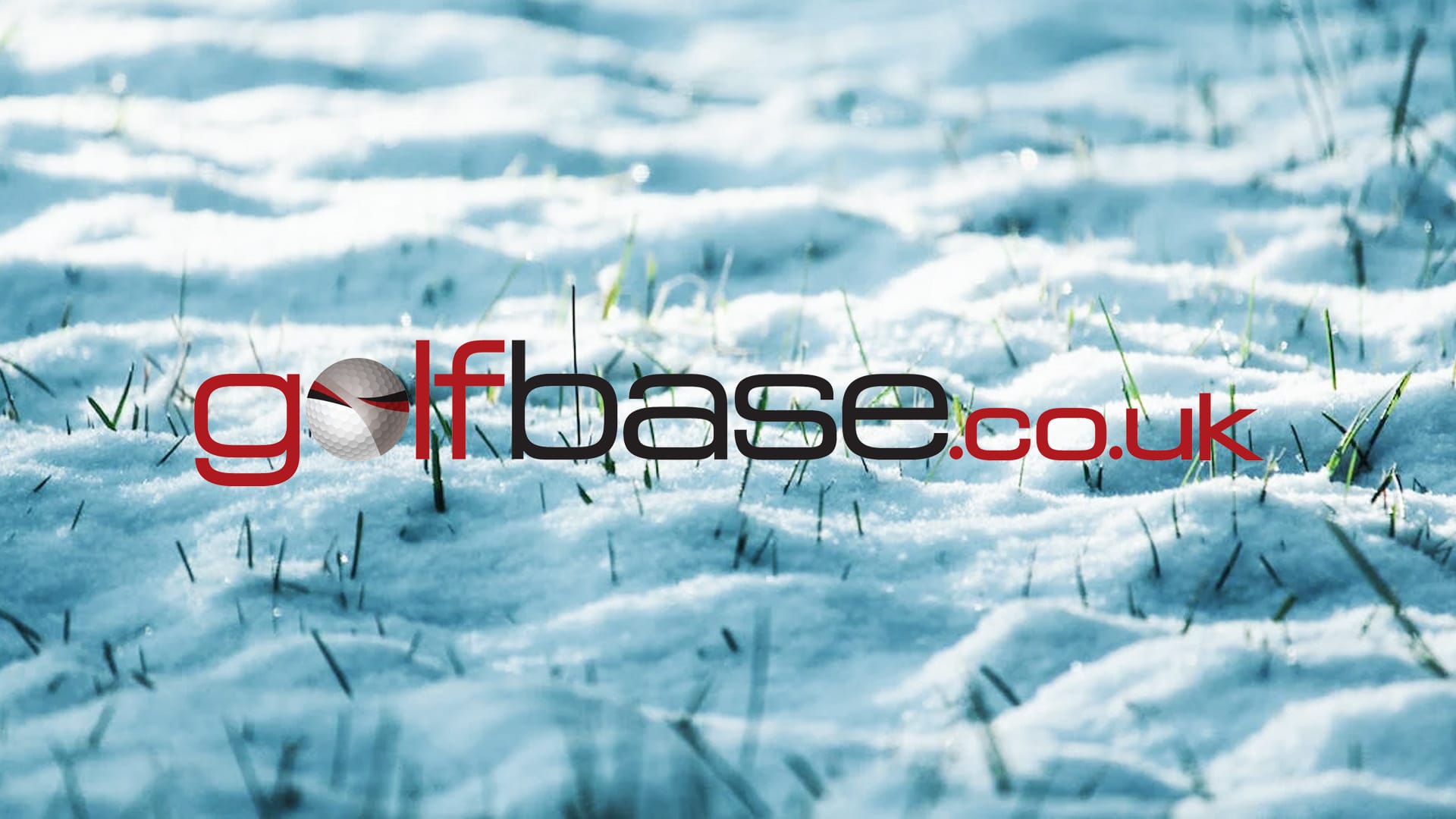Grass poking through snow in the sunshine with the Golfbase.co.uk logo in front