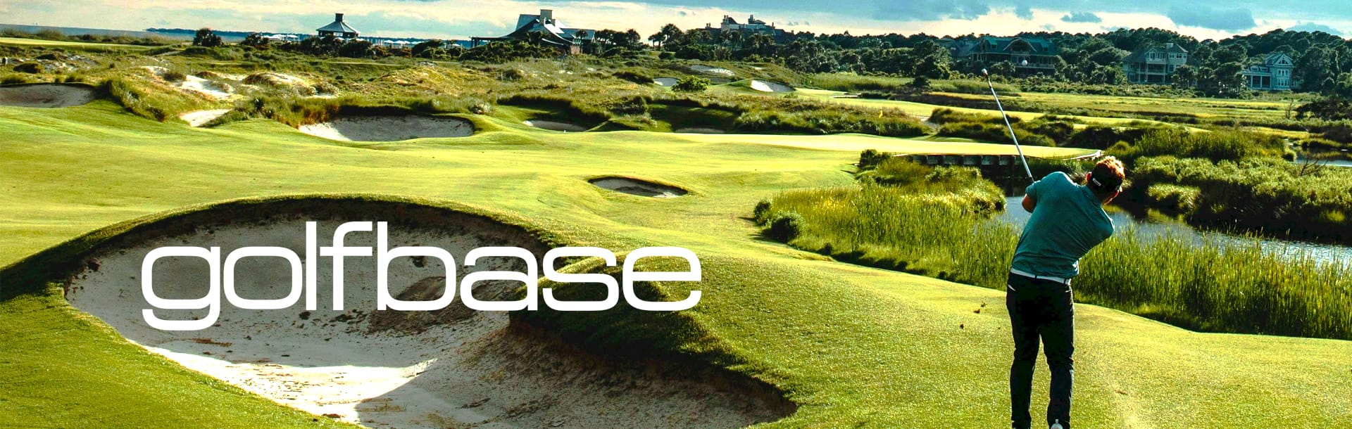 A golfer playing a shot on a course with the Golfbase logo superimposed