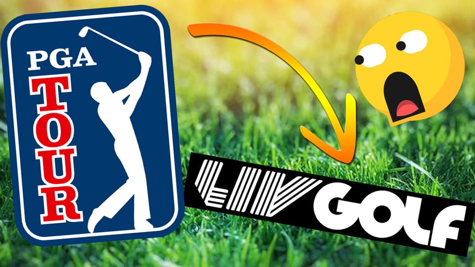 Graphic with an arrow from the PGA logo to the LIV Golf logo and a 'shocked emoji'