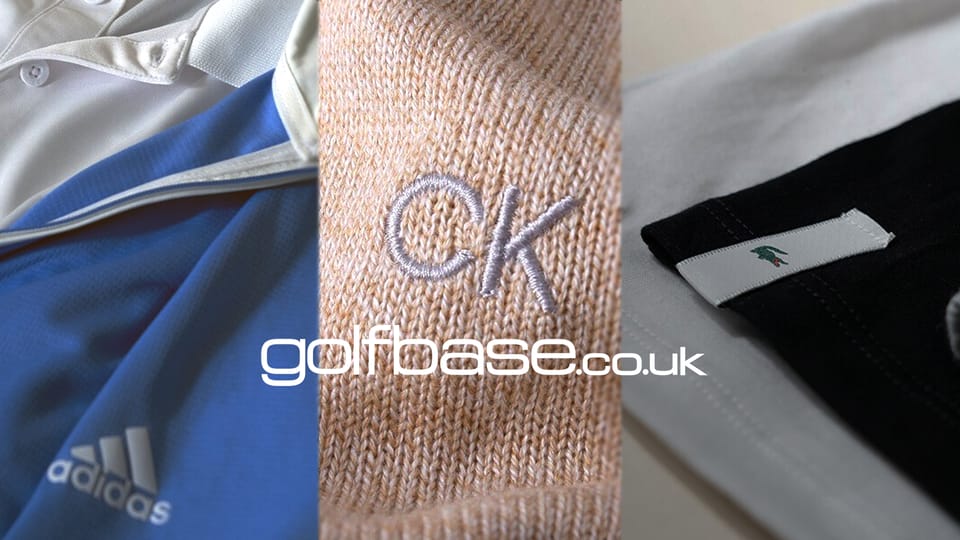Image shows a montage of three garments with brand logos for adidas, CK and Lacoste with the Golfbase.co.uk logo in the centr
