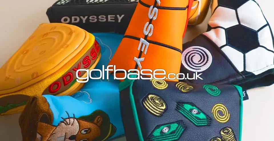 Collection of colourful golf headcovers with the Golfbase logo.
